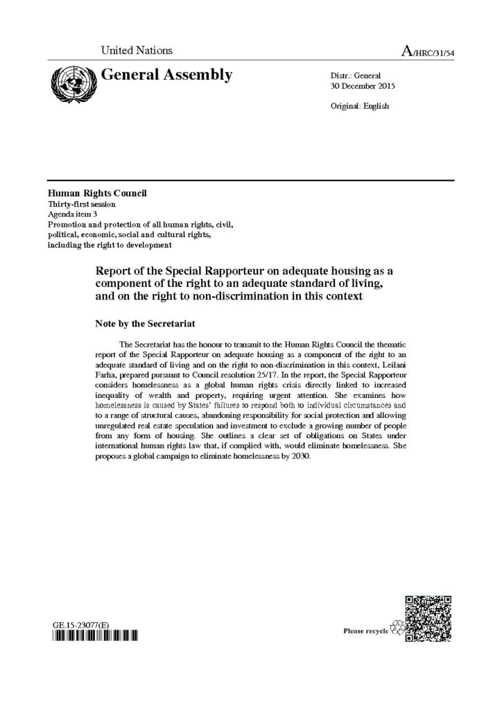 Report Of The Special Rapporteur On Adequate Housing, A/HRC/31/54 - CSC